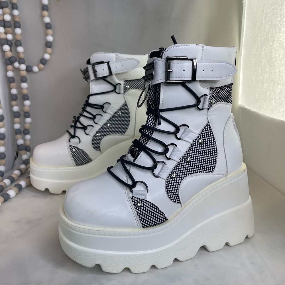 White and Black Lace Up Platform Boots US size 5.5